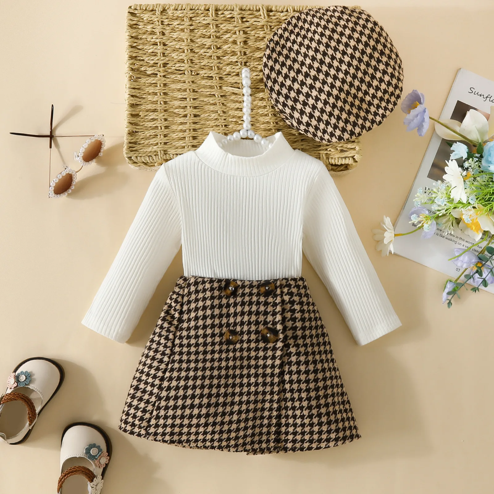 Infant Spring Autumn Long Sleeve Top and Dress Set 6-18months Baby Girl Solid Color Top Houndstooth Half Skirt Beret