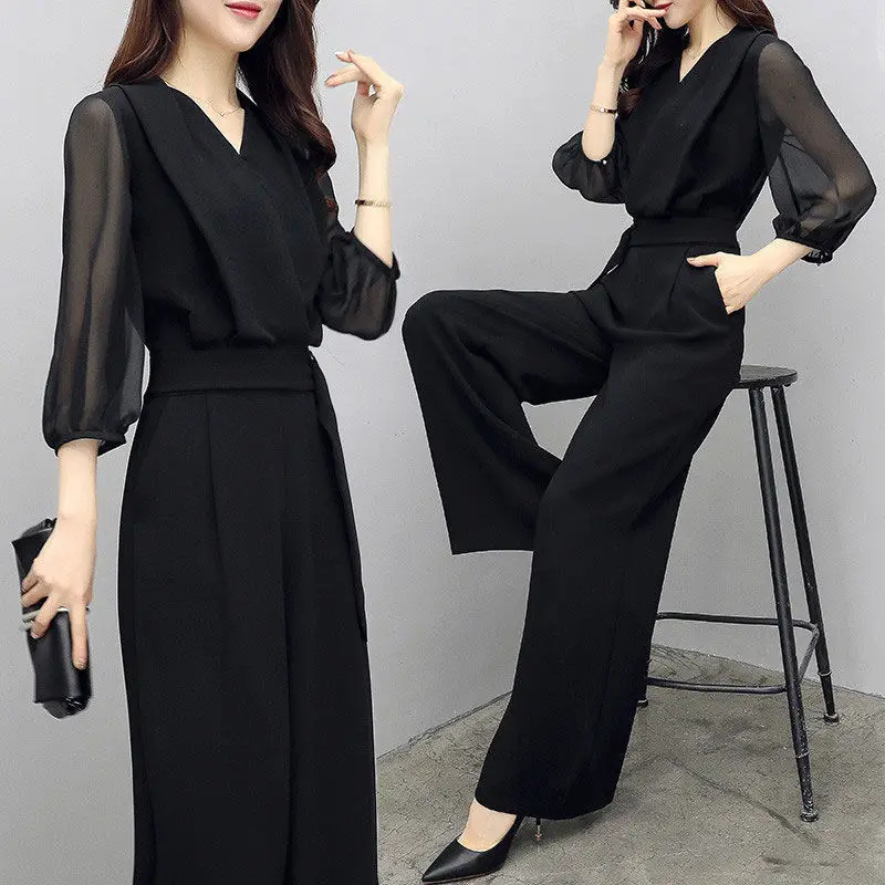 Spring Summer High Waist Casual Jumpsuit Set Women's Slim Fit Black Seven Sleeve Wide Leg Jumpsuit Ensemble Stylish Commute