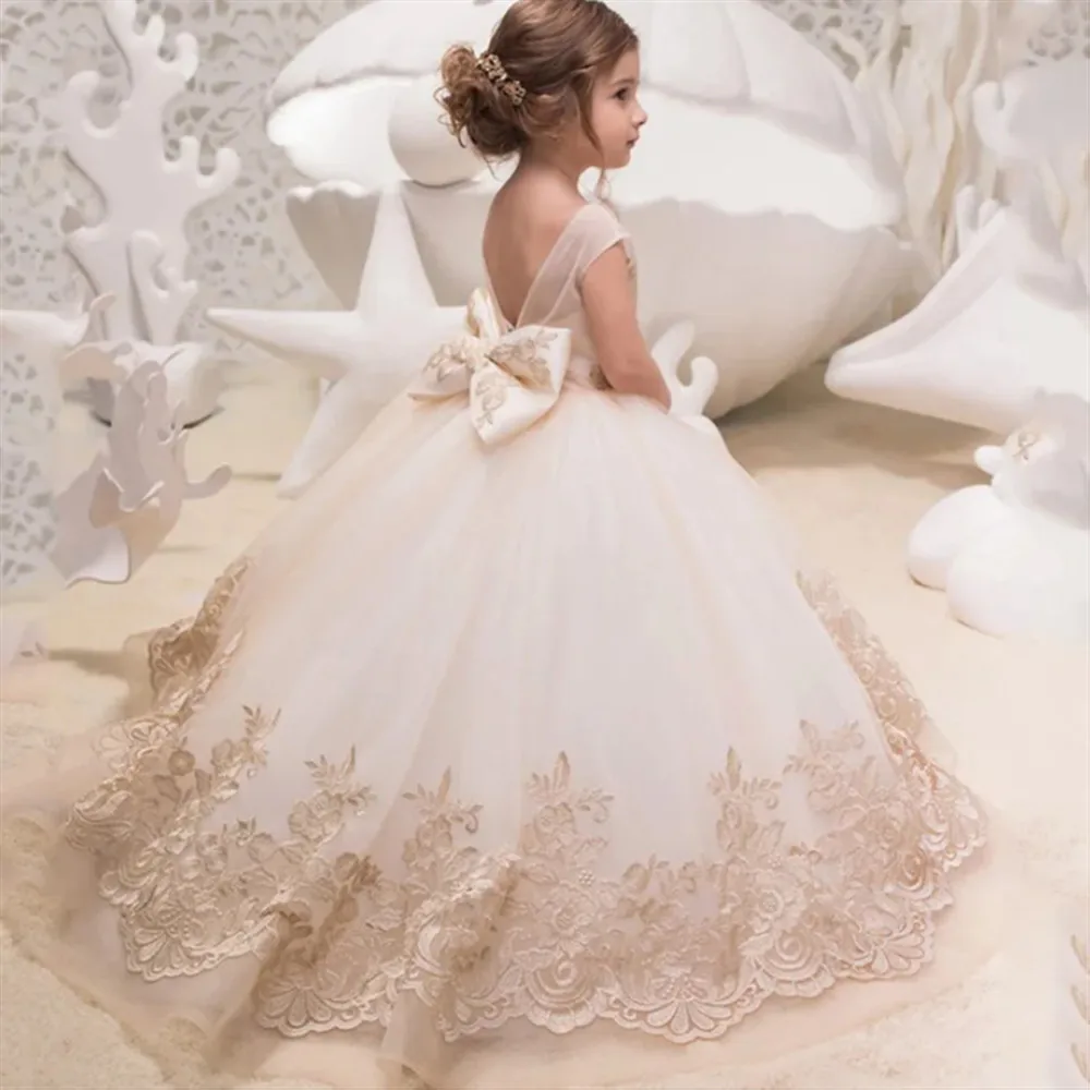Flower Girl Wedding Dress Sleeveless Appliques Lace with Bow Kids Bridesmaid Princess Birthday Party First Communion Ball Gown