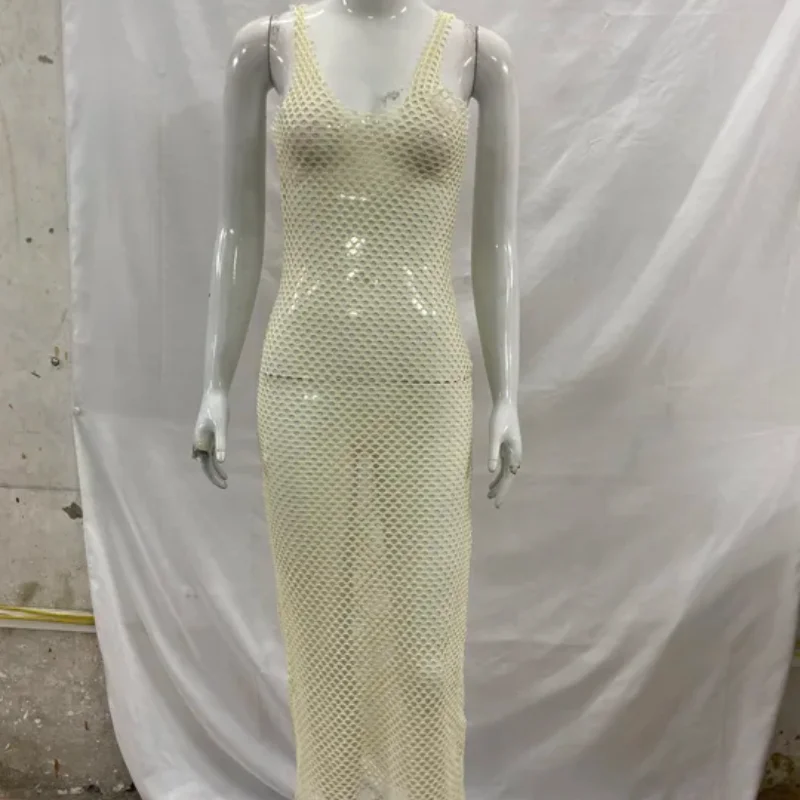 2026 europeu americano doce picante estilo feminino vestido de malha sheer magro oco para fora na moda festa casual outfit