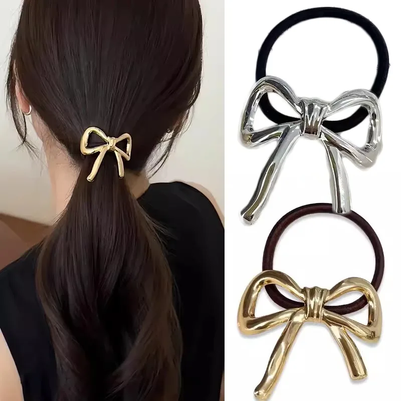 Korean Silver Metal Bow Hair Rope for Women Ponytail Headstring Elastic Rubber Band Simple Elegant Hair Tie Hair Accessories