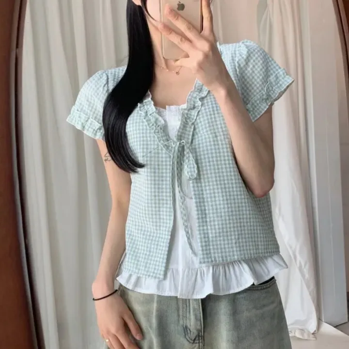 

Summer Plaid Loose Short Sleeve V-neck Shirt Women's Casual Style Fashion Slimming Fake Two-piece Short Top Breathable Polyester