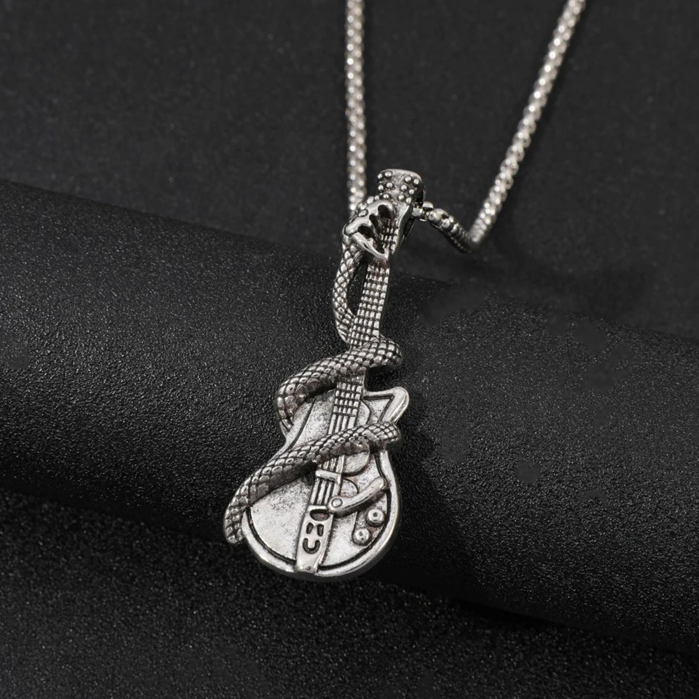 Vintage Snake Wrapped Guitar Pendant Necklace Retro Chain Rock Punk Music Statement Jewelry Gift for Men Women
