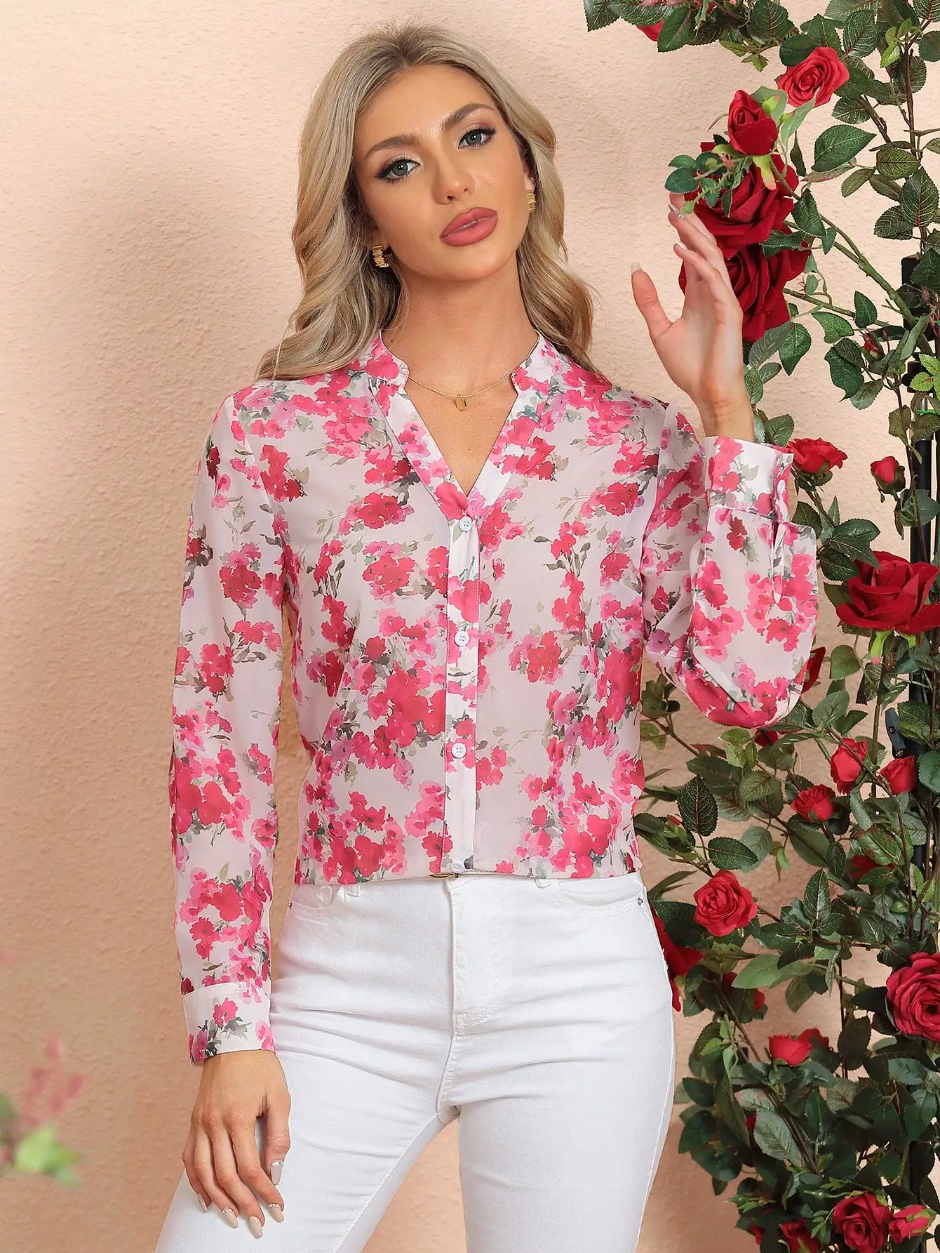 2024 Cross-border Europe and the United States casual style top floral long sleeve V-neck chiffon shirt