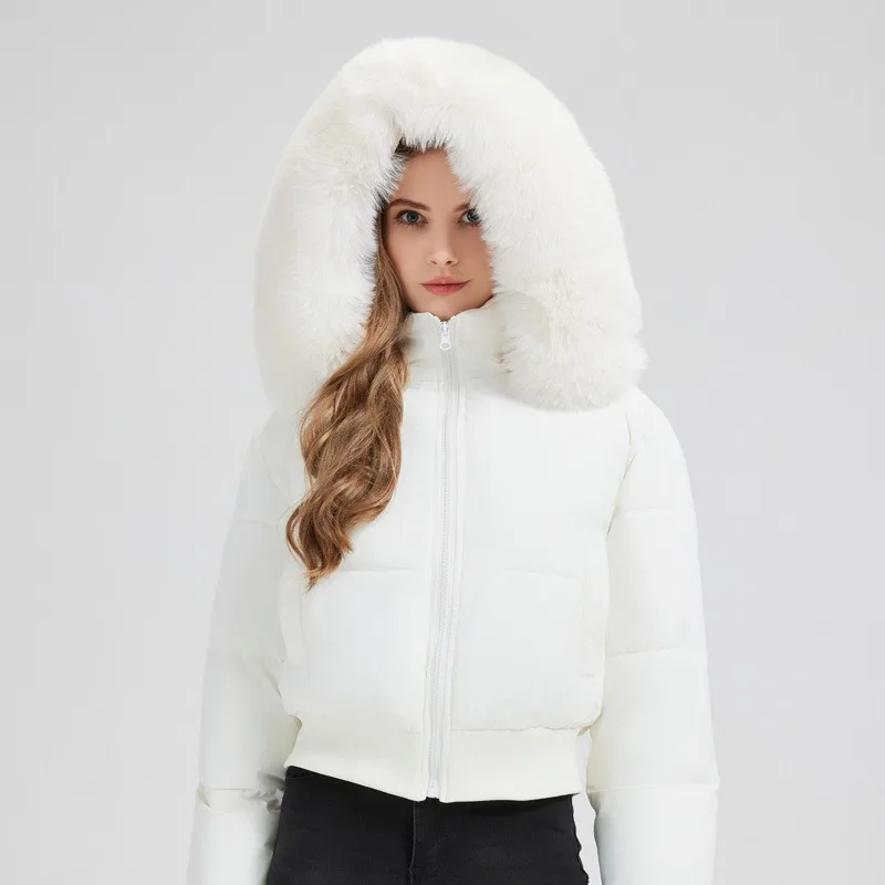 

2025 Winter Fur Collar Hooded Waist Cinched Thick Coat Solid Color Short Zipper Down Cotton Jacket Female Clothing