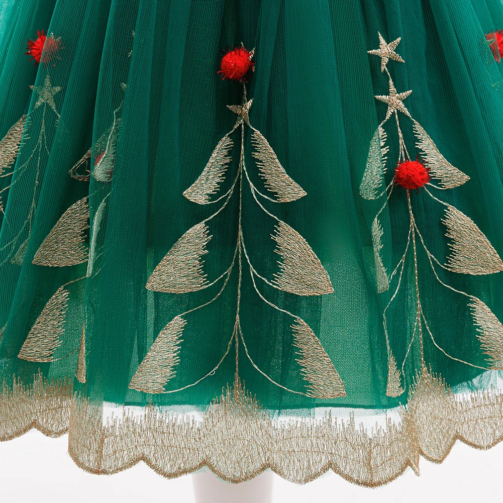 Girls Princess Dress Christmas Christmas Party Green Elf Christmas Tree Elegant Ruffle Sleeve Puff Dress Performance Costume