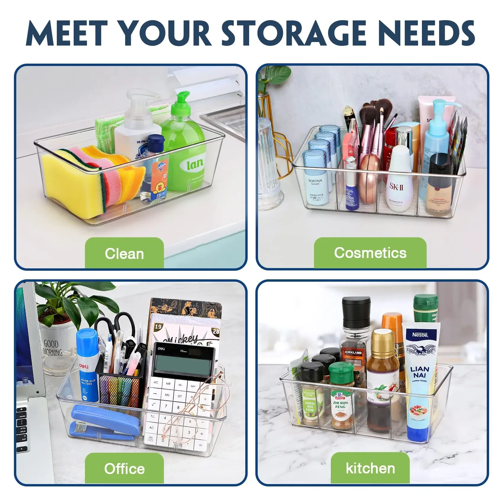 Pantry Organization Clear Storage Bins, Refrigerator Organizer, Fridge Cabinets, Holder with Dividers, Spice Pouches