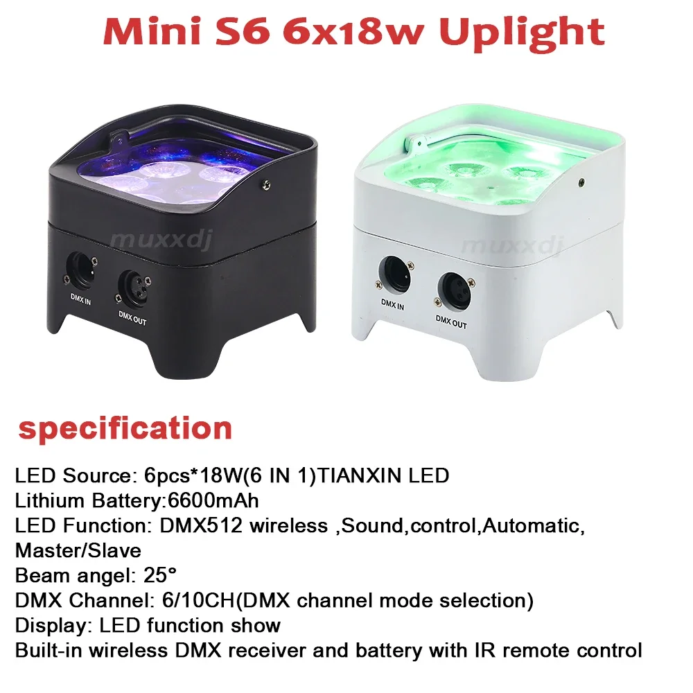 Muxxdj 6x18w 6in1 RGBWA+UV Led Uplight Stage Par Party uplights battery wireless Par Led Wedding Dj lights