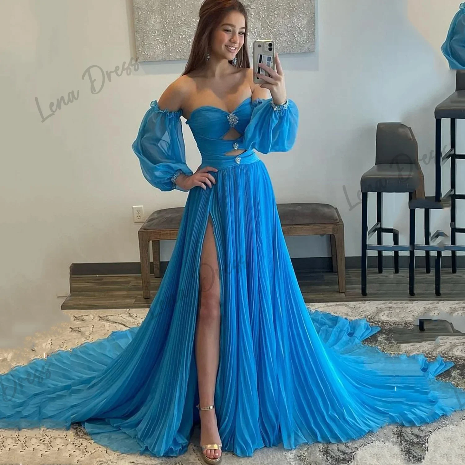 

Lena - A-line Elegant Guest Wedding Dress Bubble Sleeve Dress Chiffon Women's Evening Dress Blue Dress Luxury 2024 Evening Party