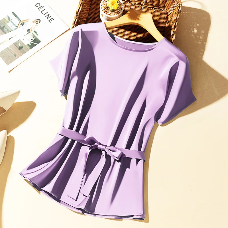 Big Size Summer New Silky Acetic Acid Satin T-shirt Round Neck Women Loose Top Lazy and Versatile Acetate Satin T-shirt