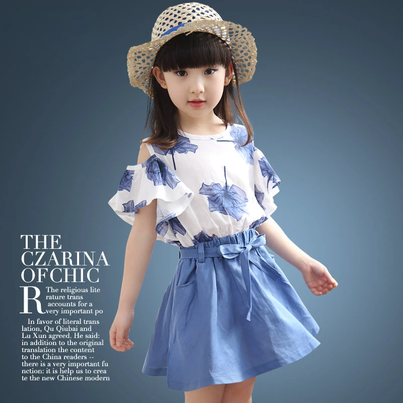 Summer Children's Sets Girls Skirt New Kid Clothes T-shirt Short-sleeved Casual Maple Leaf 2 Piece Suit 2 6 8 12 Years Old Dress