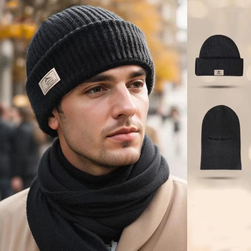 New Windproof Knitted Hat Full Face Cove Ear Protection Winter Balaclava Hat Thicken 2 In1 Mask Beanies Men