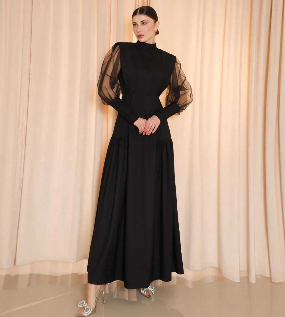 

Customized Jersey Pleat High Collar A-line Black Midi Dresses Bespoke Occasion Woman Party Gown Simple Elegant Quality