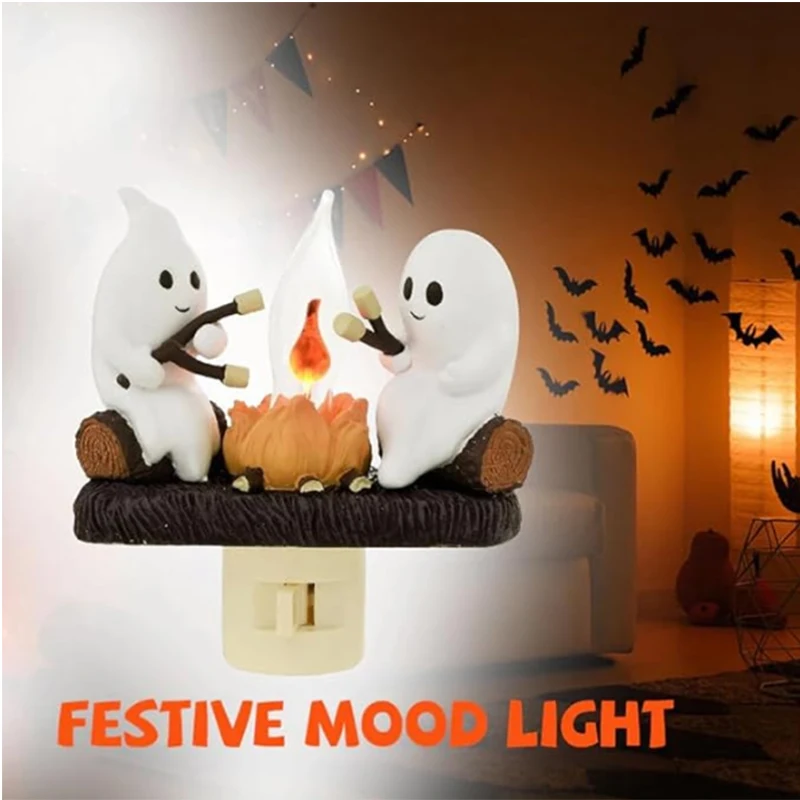 Ghost Campfire Flickering Night Light,Halloween Night Lights Plug into Wall,Ghost Pumpkin Night Light Dusk to Dawn LED Lamp 0.5W