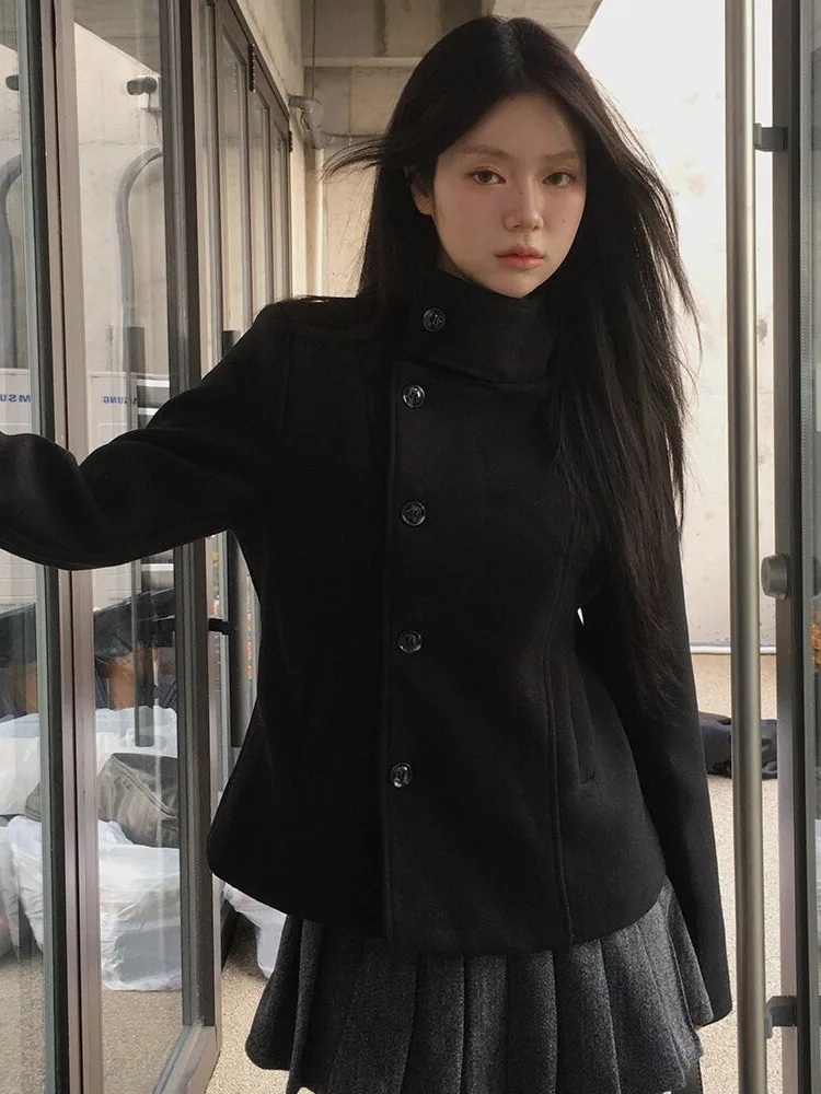 Elegant Black Woolen Jacket Slim Fit Notch Collar Single Button Side Detailing High Quality Japanese Style Women's Coat