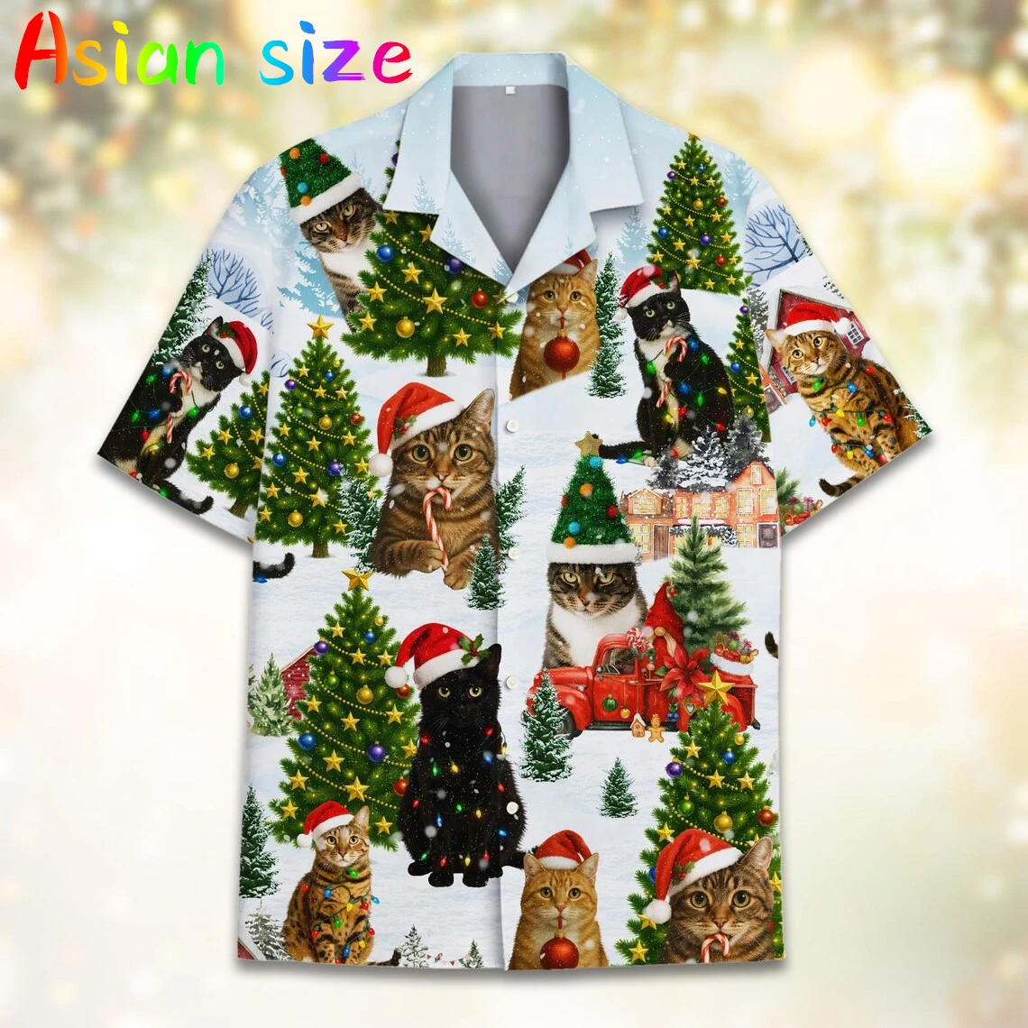 여름 3D 고양이 크리스마스 모자 프린트 셔츠 남성용 어린이 패션 스트리트웨어 반팔 티셔츠 하와이안 셔츠 크리스마스 블라우스