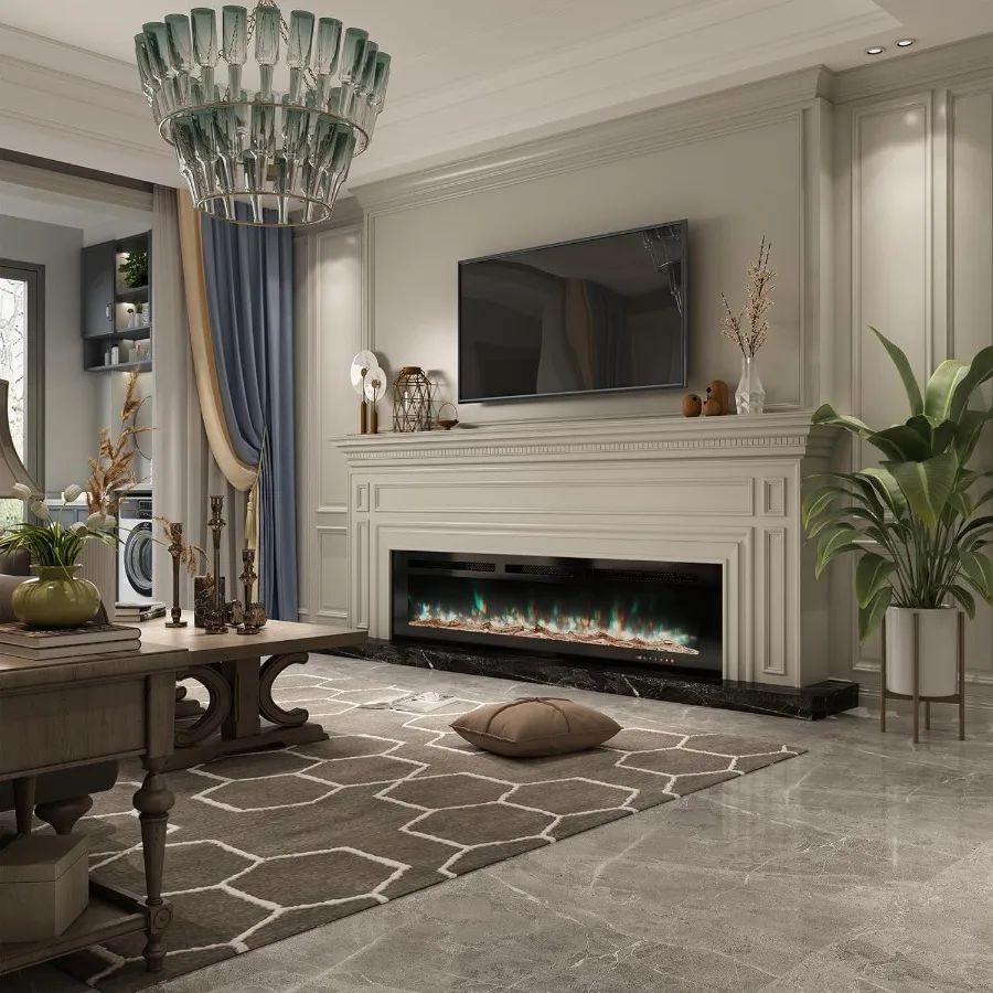 Camino elettrico da 72 pollici Camino LED da parete e da incasso con telecomando Temporizzatore da 8 ore 12 impostazioni di fiamma Touch screen