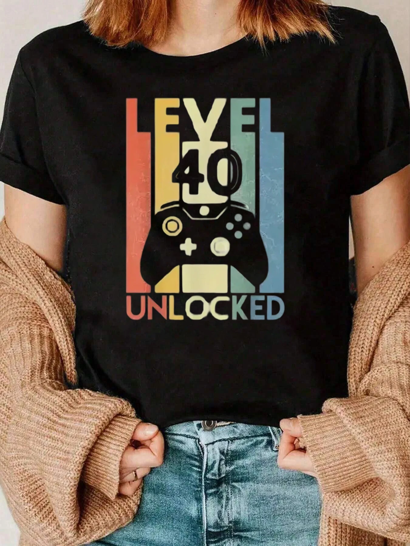 

Level 40 Unlocked Gamer Controller Print T Shirt Casual Wear For Women 220g