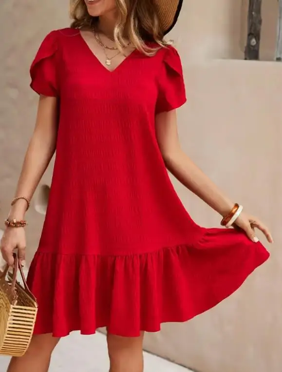 

Women Dress 2026 New Solid Color Spring Summer Loose Fit V-Neck Casual Short Sleeved Ruffles Hem Daily Versatile Mini Dress
