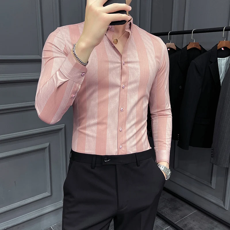 Autumn New High Quality Striped Shirt Men Luxury Slim Fit Business Casual Shirt Formal Men Long Sleeve Party Prom Clothing Homme