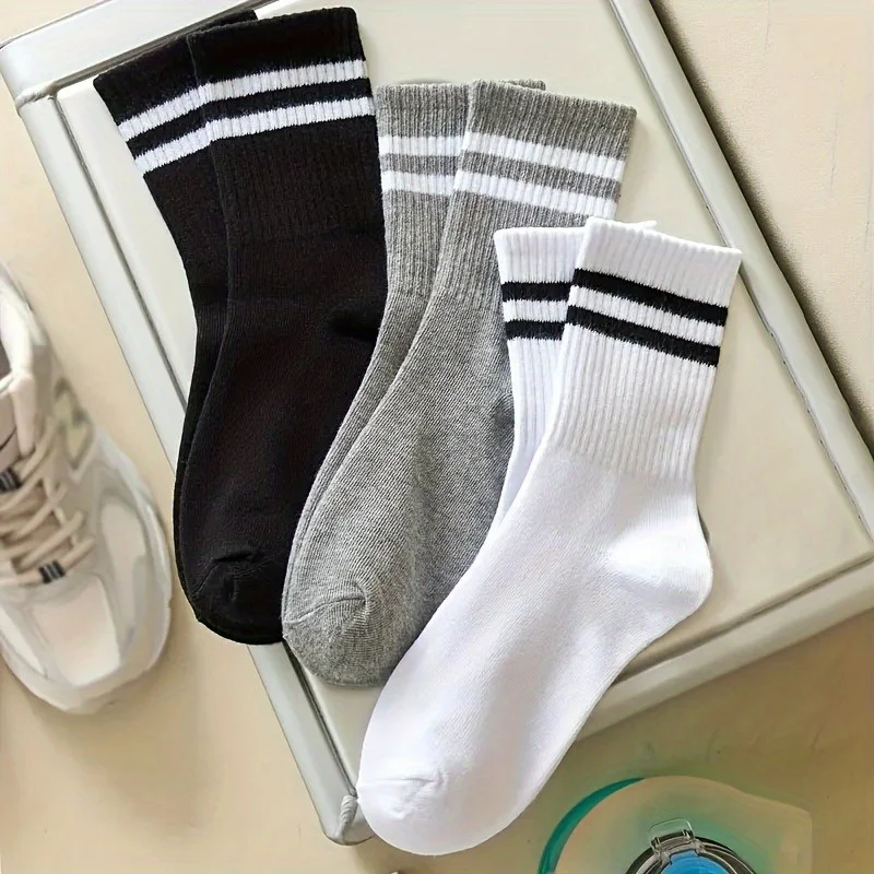 3 Pairs Striped Women's Knee-High Socks - Breathable Polyester, Casual Style, Hand/Washable, Black/White/Gray