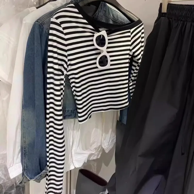 Y2k Clothes Stripes T Shirt For Women Contrast Color Skew Collar T-shirts Spring Autumn Korean Fashion Ropa De Mujer
