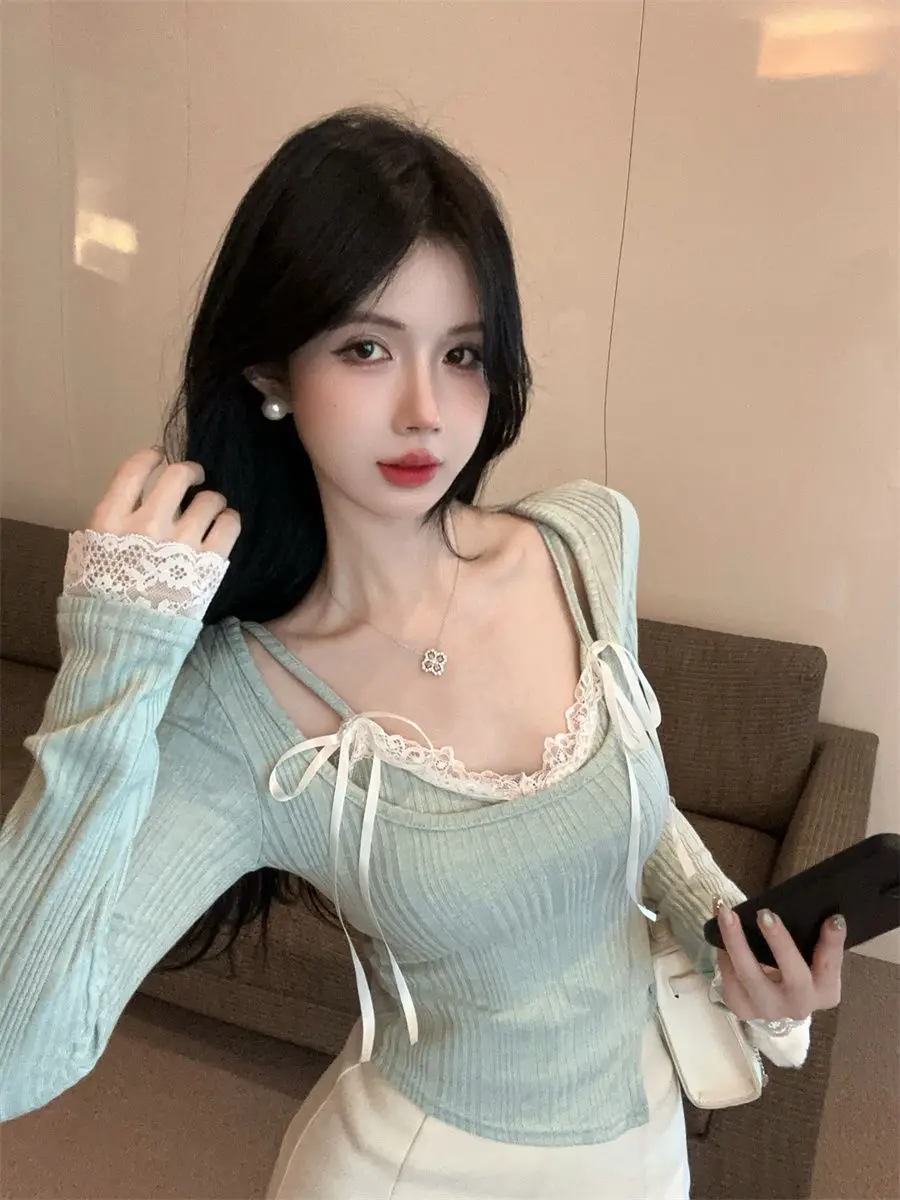 

Зеленый комплект из 2 предметов, женский весенний сексуальный Y2k с бантом, кружевной короткий жилет с v-образным вырезом и длинным рукавом, облегающий укороченный топ, милые модные костюмы