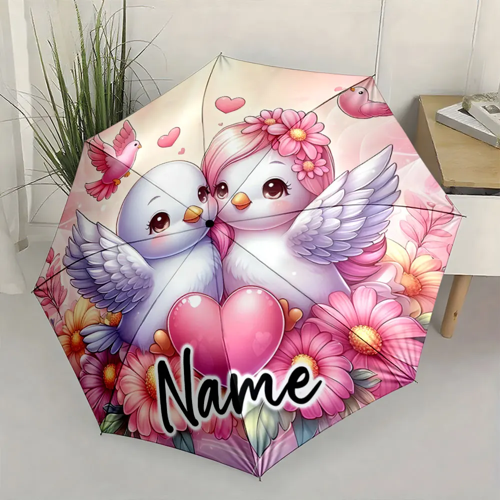 Custom Name  Romantic Love Birds and Flowers Theme Umbrella Print 8 Iron Ribs Folding Umbrella Auto-Open Fashion Sunshade