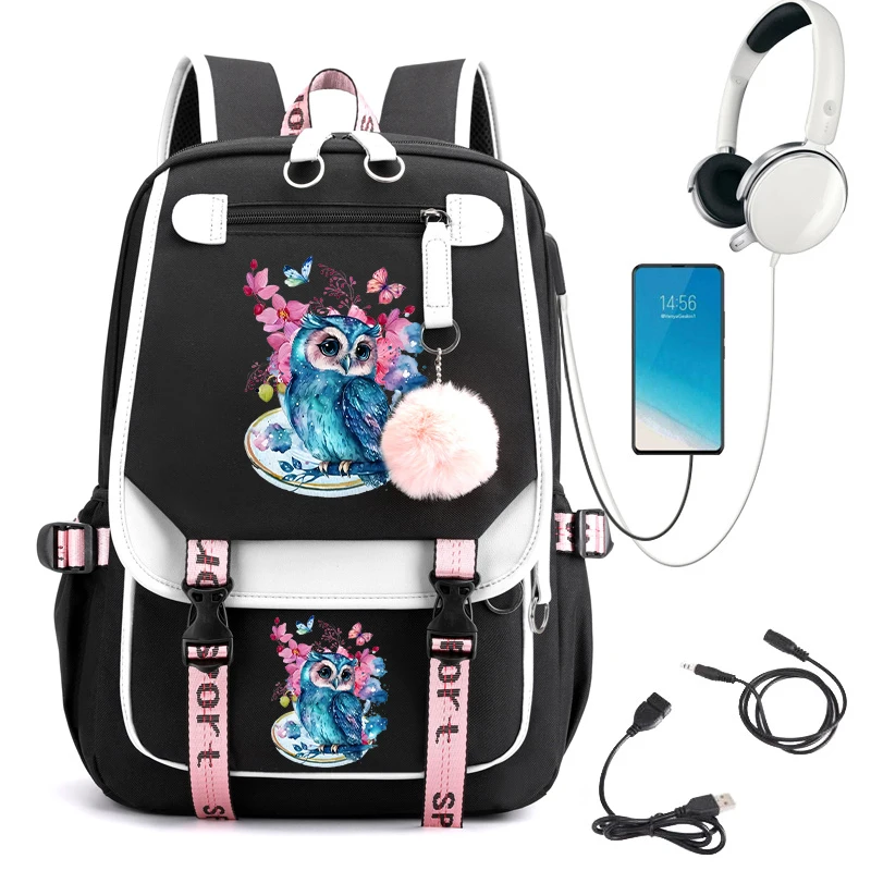 Mochila Anime Flor Coruja para Crianças, Saco de escola para crianças, Bookbag primário, Carregamento USB, Mochila adolescente para menina, Bagpack