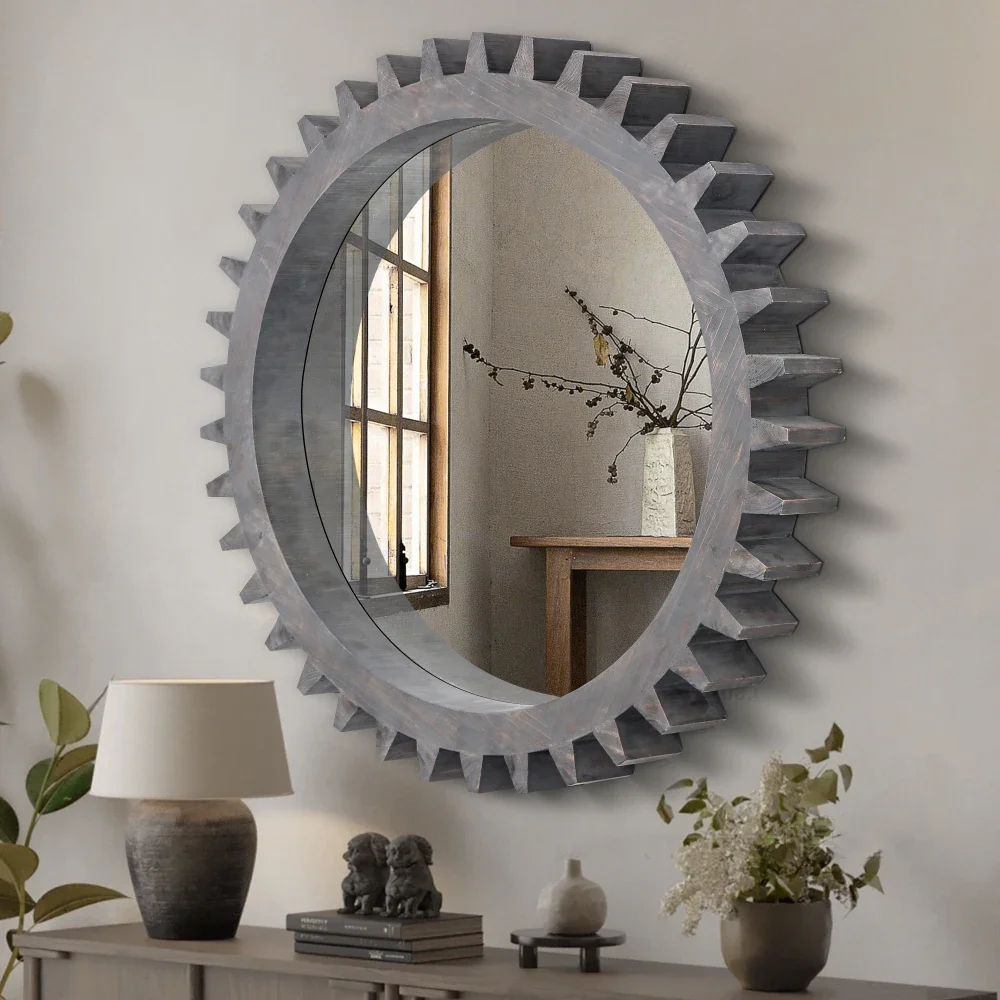 

Bath Mirrors Vintage Round Hanging Gear Shape Heavy Decorative Mirror for Bathroom Living Room or Put Together To Your Liking