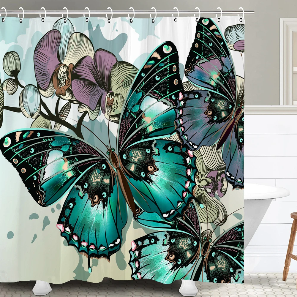 Beautiful Flowers Shower Curtain Butterfly Birds Printed Bathroom Curtains Polyester Fabric Home Decor Bathtub Screen with Hooks