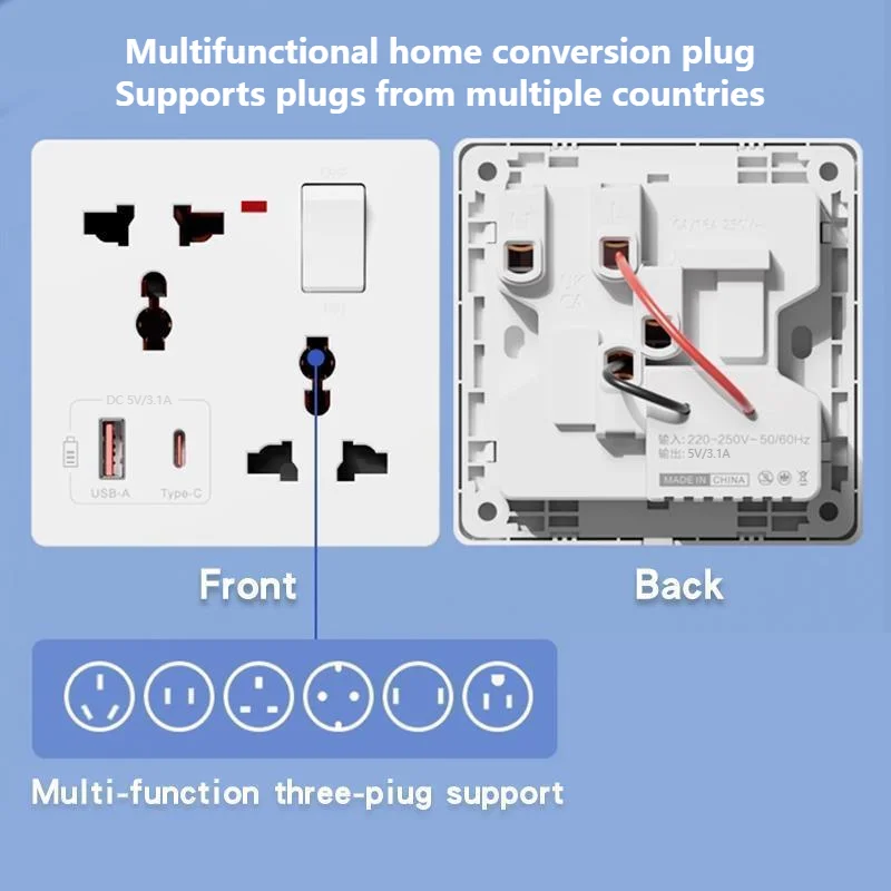 Multifunctional 1Gang 6 six-Hole Sockets With USB+Type-c Charging 86-Type Concealed Universal Three Pin Plug With Switch Control