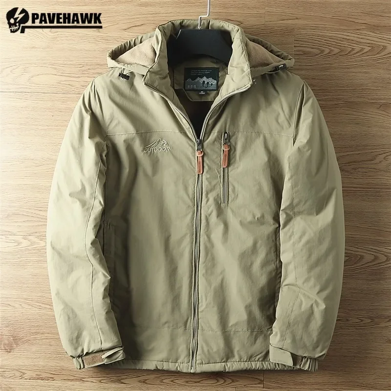 

Outdoor Windbreaker Thicken Hooded Mens Jacket Hiking Trekking Field Waterproof Male Winter Coat Wear-Resistant Fleece Outwear