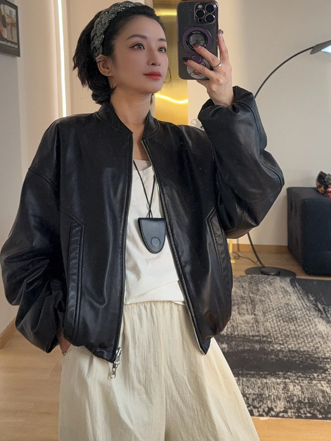 QII Eepskin Baseballjacke aus Leder für Damen, schlankmachend, vielseitig, beidseitig tragbar, für den Pendelverkehr, mit Reißverschluss, lockere Passform