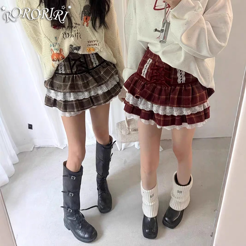 RORORIRI Vintage Plaid Women Puffy Cake Skirt Bowknot High Waist Patchwork Lace Trim A-line Mini Skirt School Uniform Clothes