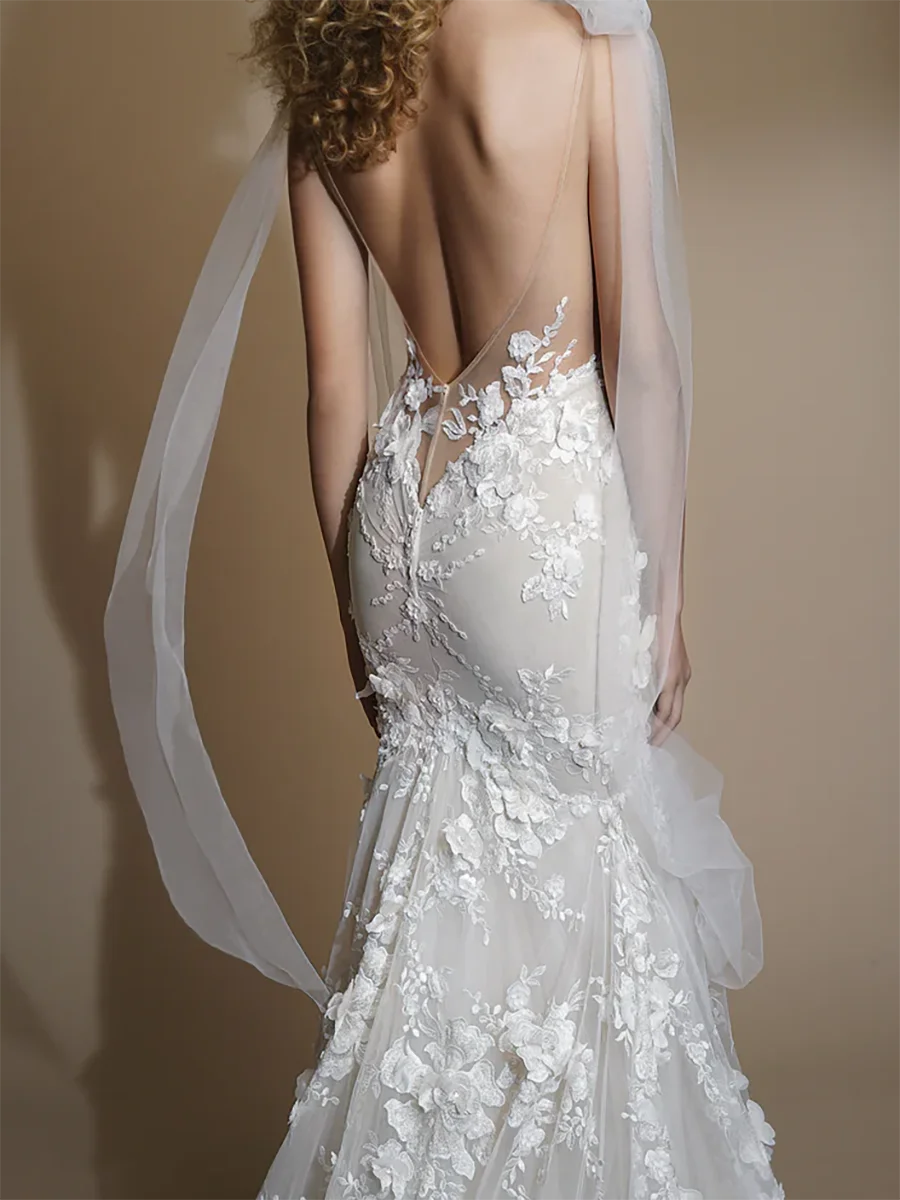 우아한 딥 브이넥 민소매 아플리케 백리스 인어 신부 웨딩 드레스 신부 가운 맞춤형