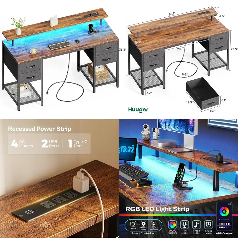 

55 Inch Large Gaming Computer Desk with 4 Drawers, LED Lighting and Power Outlets for Home Office Storage