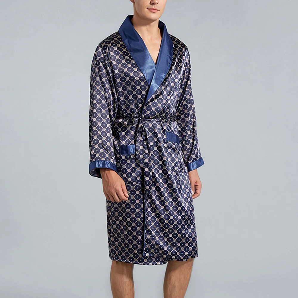 

Mens Satin Silk Pajamas Kimono Bathrobe Robe Dressing Gown PJs High Quality Luxury Loungewear Set Navy Blue/Silver Gray