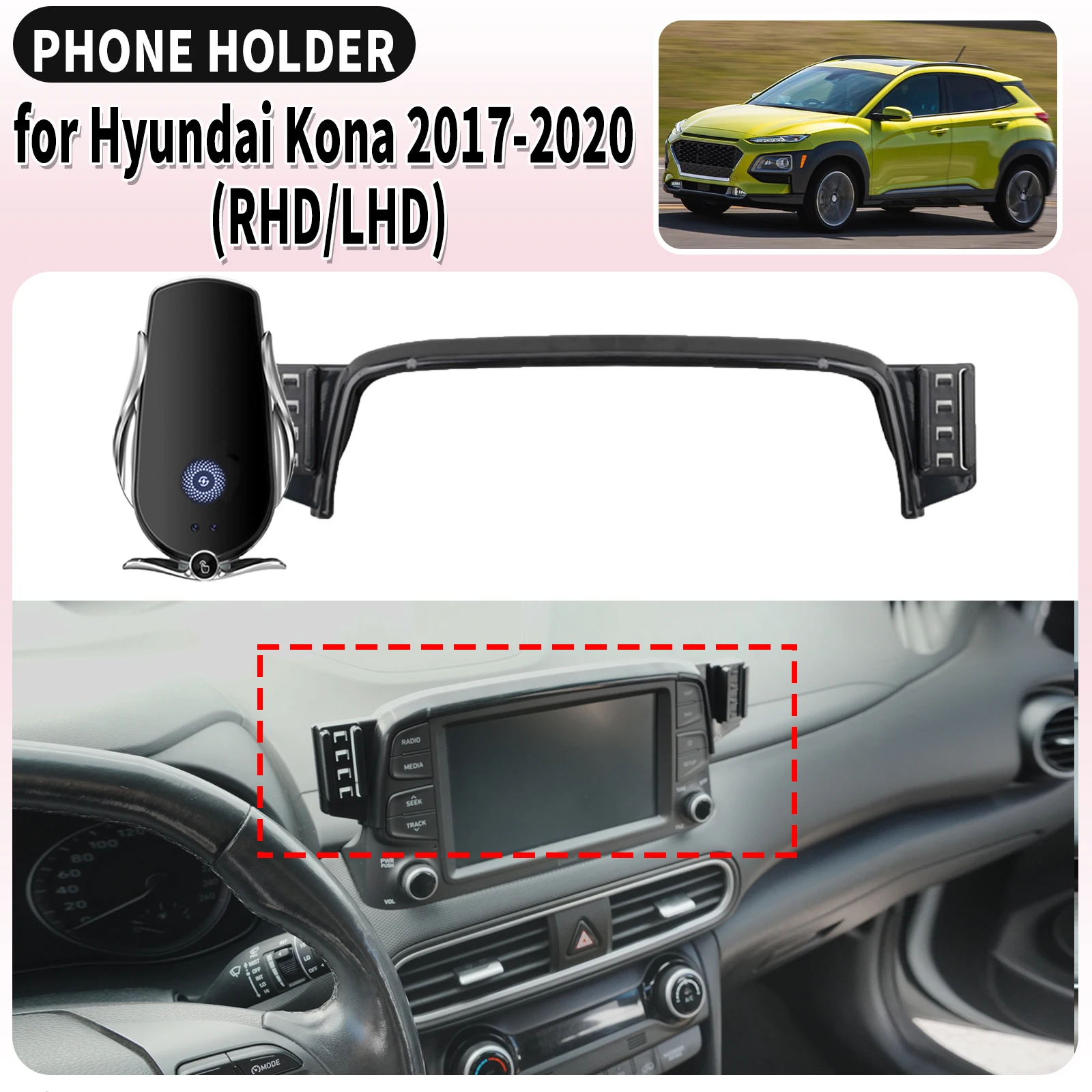 

for Hyundai Kona 2017 2018-2020 RHD LHD Screen Base Mount Phone Holder Dedicated Clip-On Navigation Bracket Car​​ accessoires