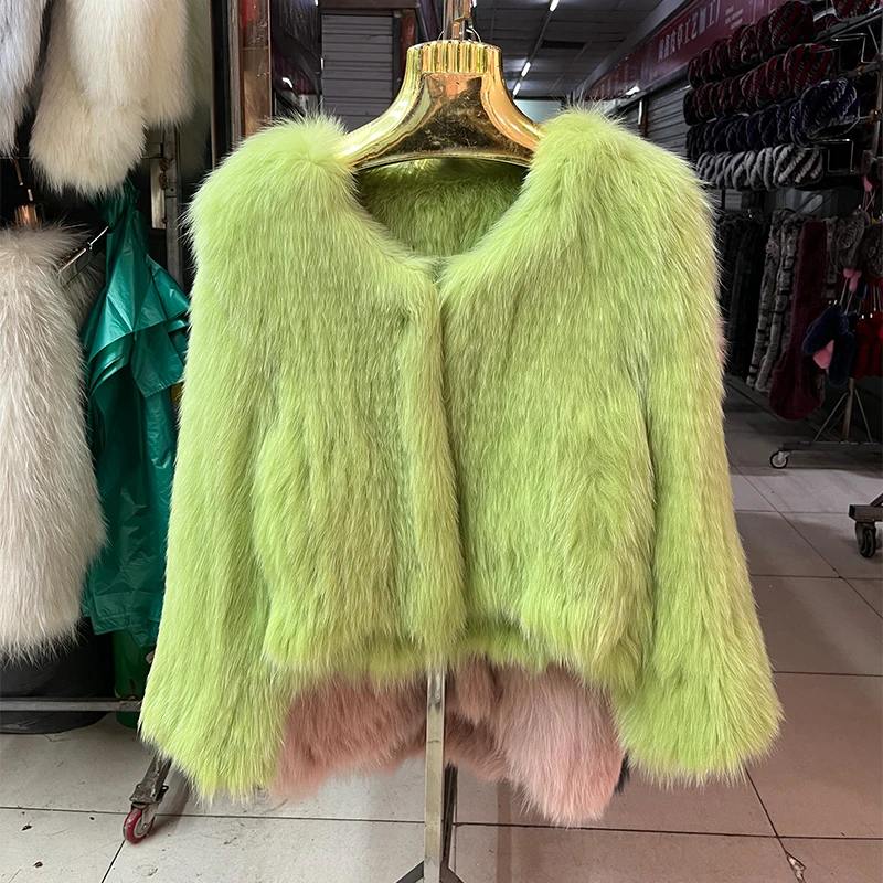 2023 Novo Estilo Jaquetas Moda Real Fox Fur Coat Outono Inverno Luxo Casaco De Pele De Malha Mulheres Dupla Manga Longa Tecido Liner