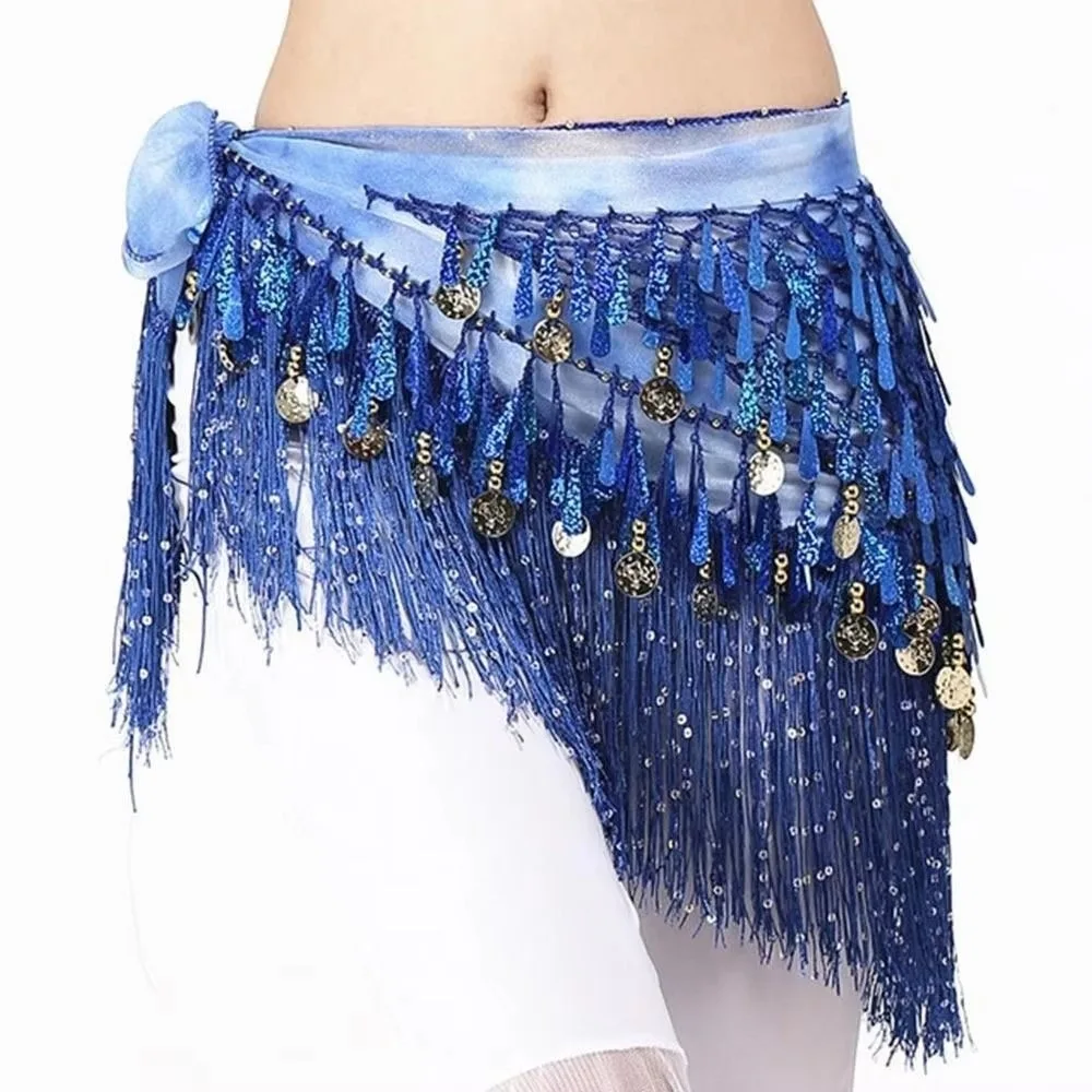 Glitter Sequins Belly Dance Waist Chain Long Tassel Triangle Belly Dance Hip Scarf Hollow Handmade Hip Scarf Skirt