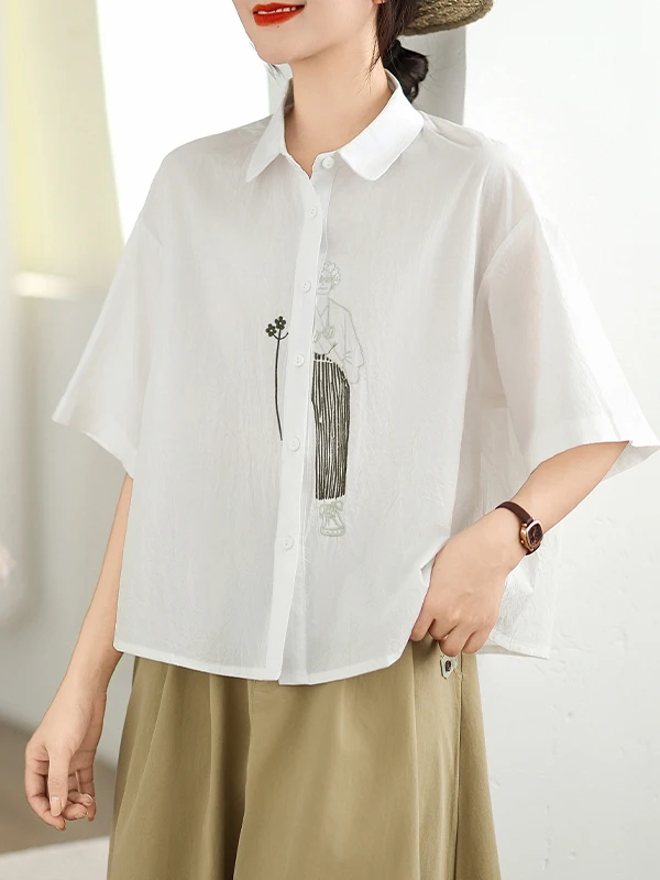 캐주얼 패션 플러스 사이즈 자수 코튼 여성 여름 한국 스타일 루즈핏 다용도 화이트 셔츠