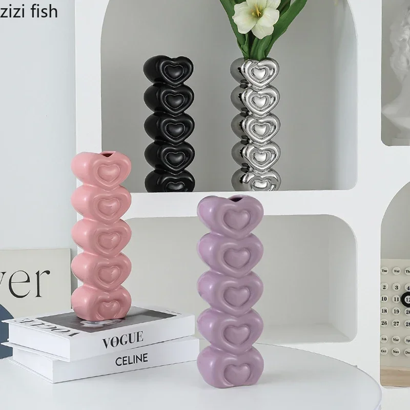 Heart Shape Stacked Ceramic Vase Hydroponic Vase Flower Arrangement Vase Desktop Creative Art Flower Ware Home Decoration Crafts
