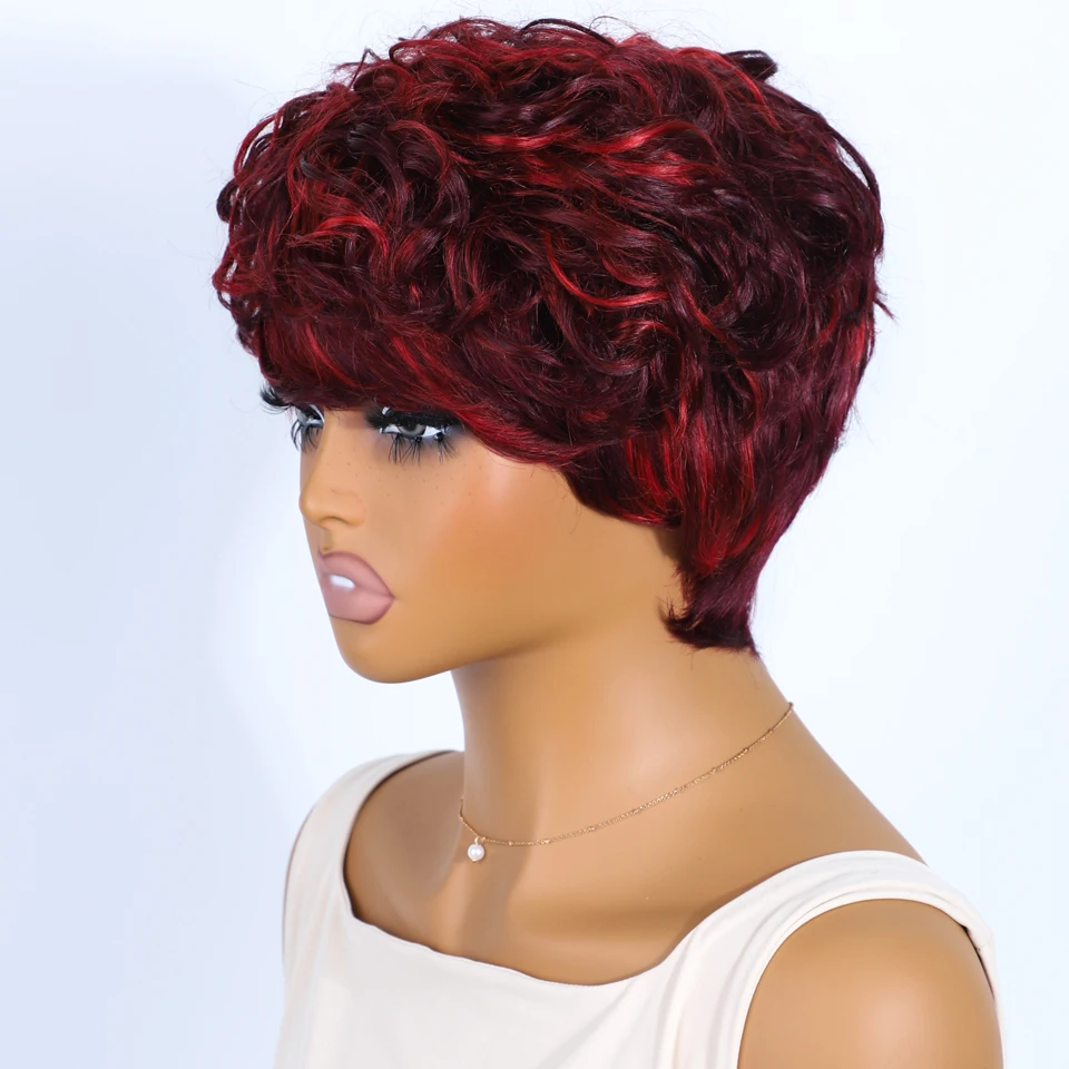 Elegante curto pixie corte perucas de cabelo humano para as mulheres 99j vermelho colorido pixie corte perucas 100% real pronto para usar perucas de cabelo brasileiro