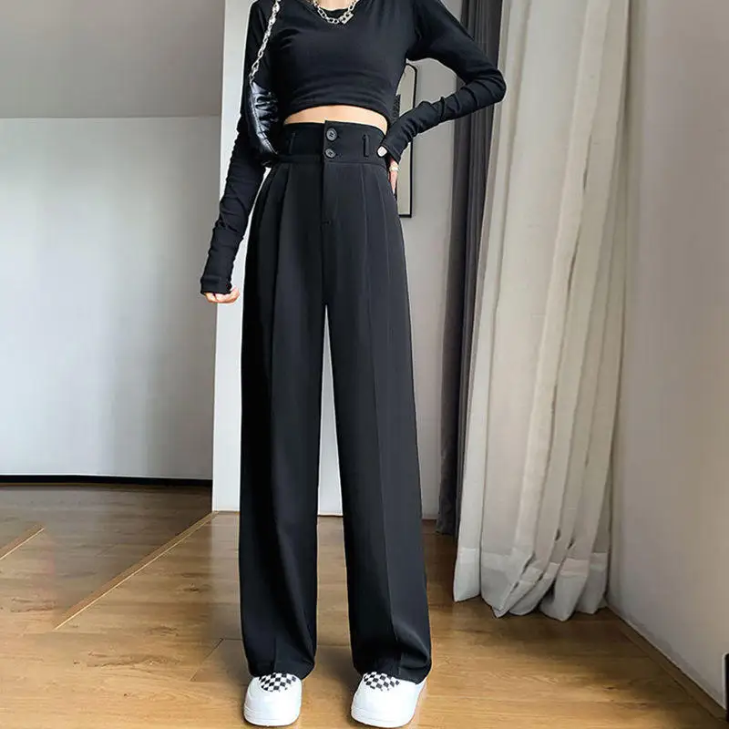 Double-Buckled High-Waist Grey Suit Pants  Summer New Style Slimming Drapey Wide Leg Casual Suit Trousers for Women