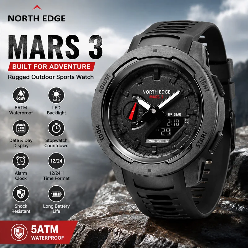 NORTH EDGE Watches For Man MARS 3 Carbon Fiber Case Alarm Clock Stopwatch World Time Swimming Waterproof Men Watch Reloj Hombre