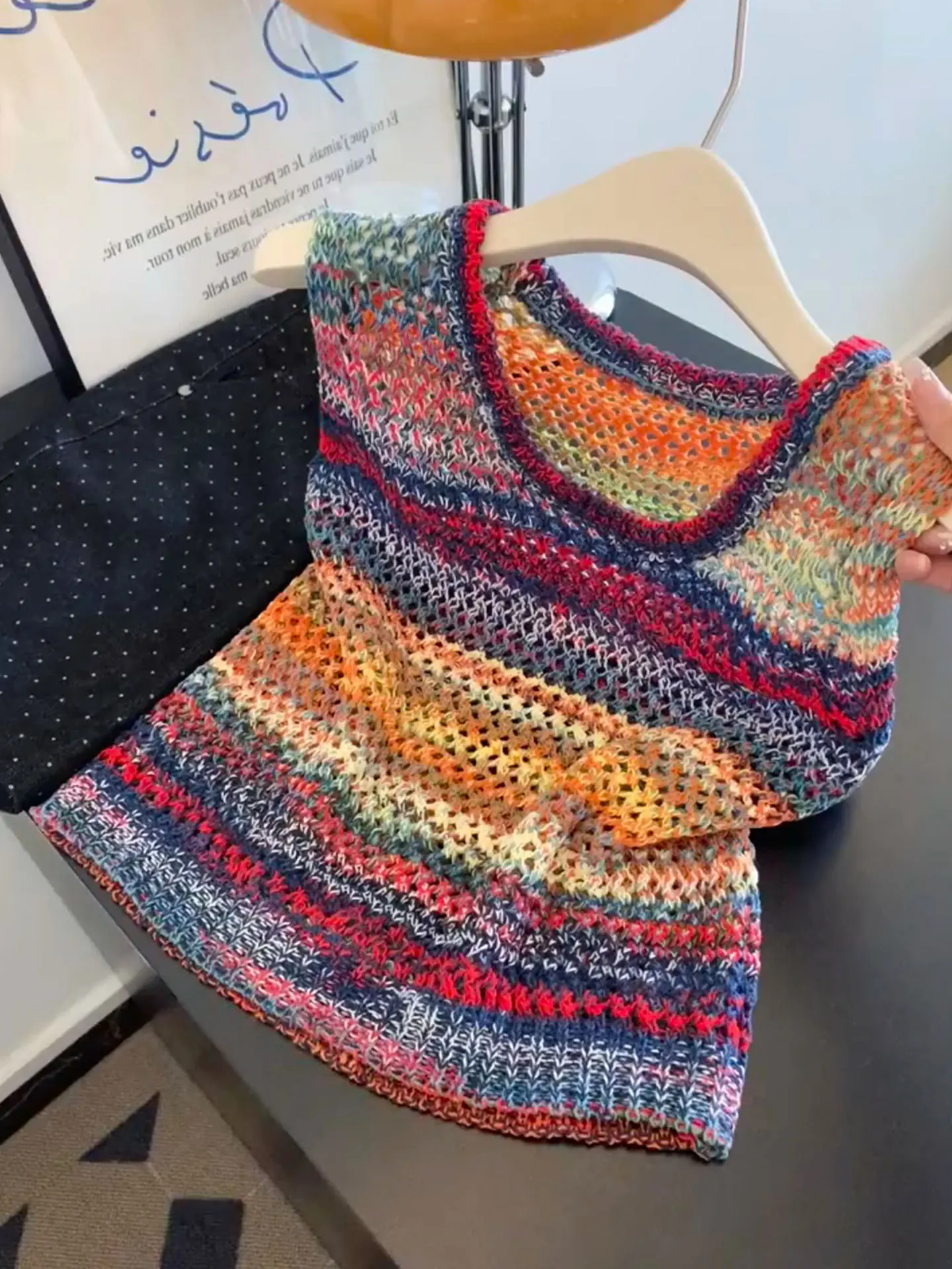 

Элитный европейский дизайн: вязаный жилет в полоску, дышащий, ажурный, летний топ для женщин, корейский стиль, шелк