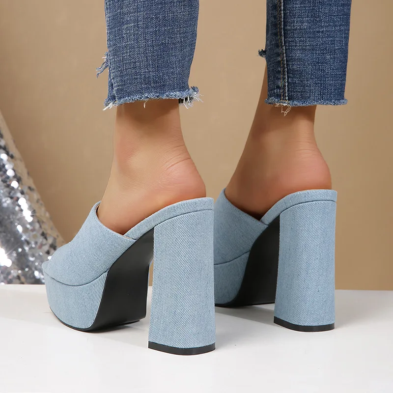 Platform Slippers Cloth Sandalias Heart-Shaped Denim Salto Blue Zapatos Peep Toe Huaraches Super High Thick Heels Fashion Girl