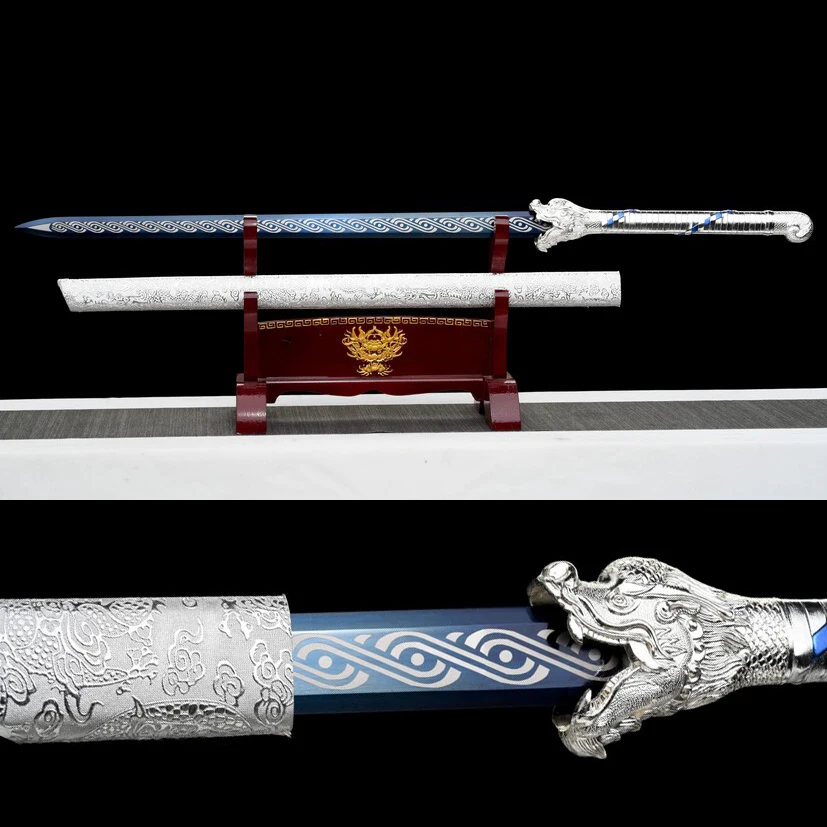 

113cm Medieval Dragon Excalibur Real Steel Baked Blue Cut craft Metal Real Sword Battle ready sharp weapon katana Heart Sword