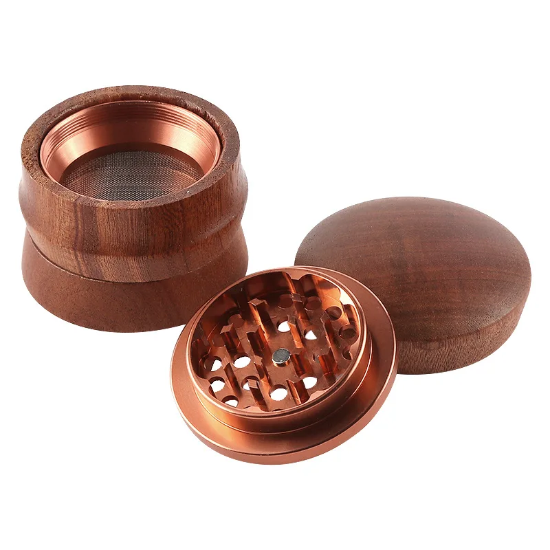 65mm solid wood smoke grinder creative aluminum tooth Sapele wood tobacco grinder smoking accessories